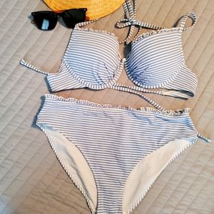 🏝H&M baby blue & white striped high waist bikini